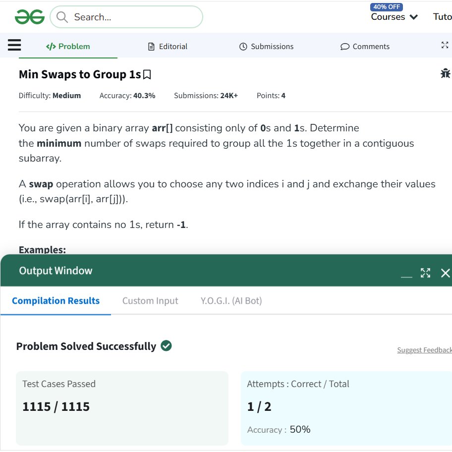pragya_singh_17's tweet image. Day 70
Continuing my #geekstreak journey with @geeksforgeeks POTD
Problem Solved: Min Swaps to Group 1s
Approach: Used sliding window of size equal to total 1s, tracked maximum 1s in any window, and minimized swaps as (total 1s − max 1s in window).#geekstreak60 #codingchallenge