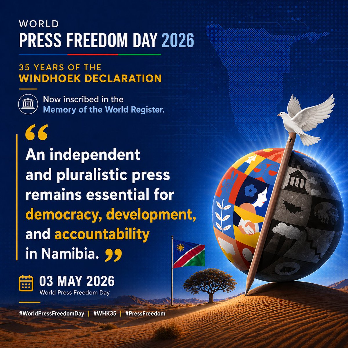 NamMediaTrust's tweet image. 35 years ago, the Windhoek Declaration was born on African soil and changed the course of press freedom globally. Now inscribed in #UNESCO's Memory of the World Register, its message is more urgent than ever. We mark #WPFD2026 from Windhoek, where it all began. #WHK35