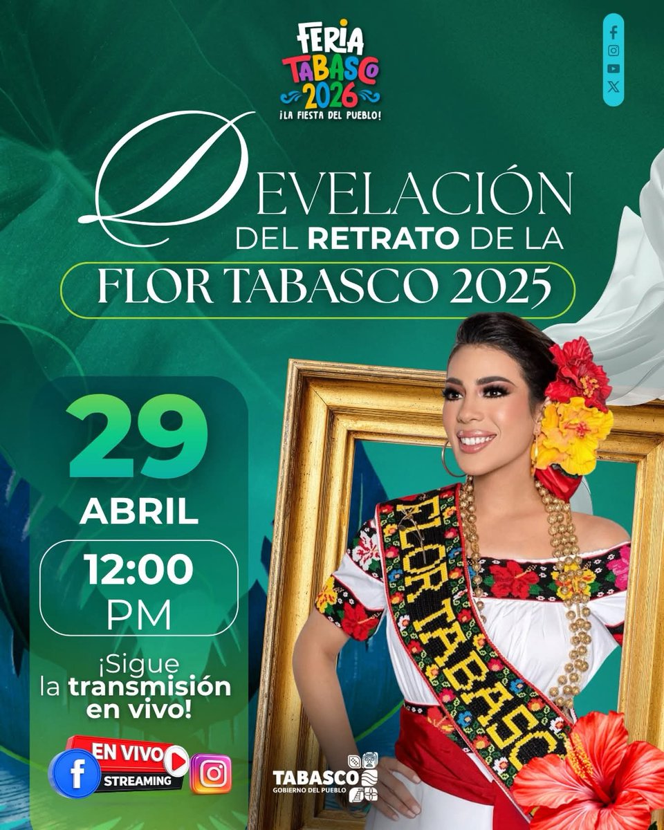 🌺✨ Un momento lleno de historia, orgullo y tradición está por vivirse.

Este 29 de abril a las 12:00 PM, acompáñanos en la Develación del Retrato de la #FlorTabasco2025, un homenaje especial a quien porta con honor la máxima distinción de nuestra fiesta.👑💚

#FeriaTabasco2026