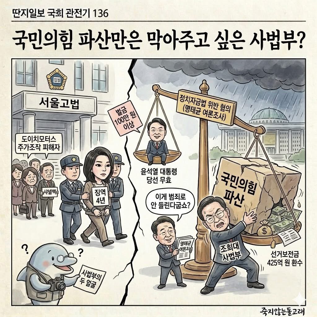 ■#딴지일보 #국회관전기 136: 국민의힘 파산만은 막아주고 싶은 사법부?

김건희 항소심에서 기존의 1심 형량인 징역 1년 8개월보다 늘어난 징역 4년이 선고됐다.

1.
어제(28일) 서울고법 형사15-2부(신종오 부장판사)는 김건희의 자본시장법 위반(도이치모터스 주가조작)과 정치자금법 위반(명태균