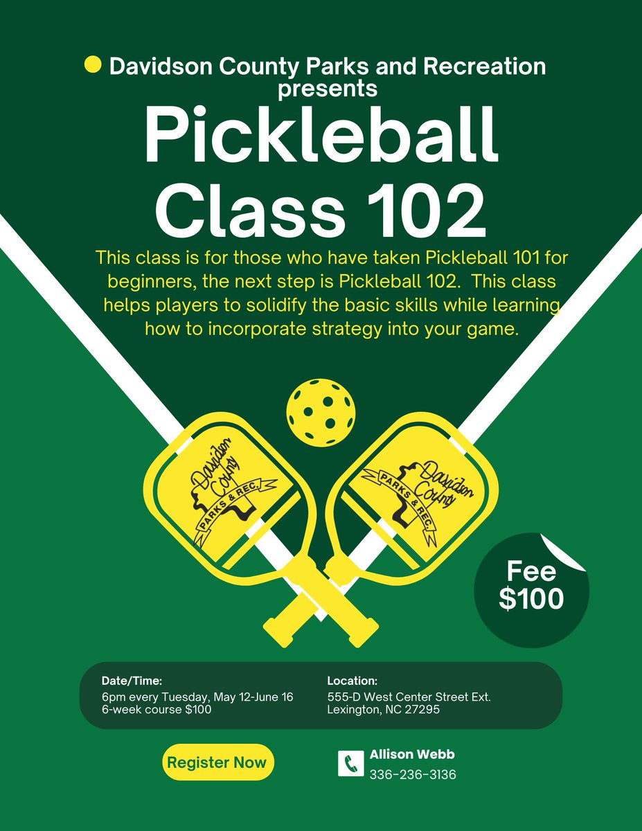 DCParksRec's tweet photo. Pickleball Class 102 – Davidson County Parks &amp; Recreation

Ready to take your pickleball skills to the next level? Pickleball 102 is designed for players who have completed a beginner (101) class and want to build confidence while learning game strategy. https://t.co/aW5e4Af8tv