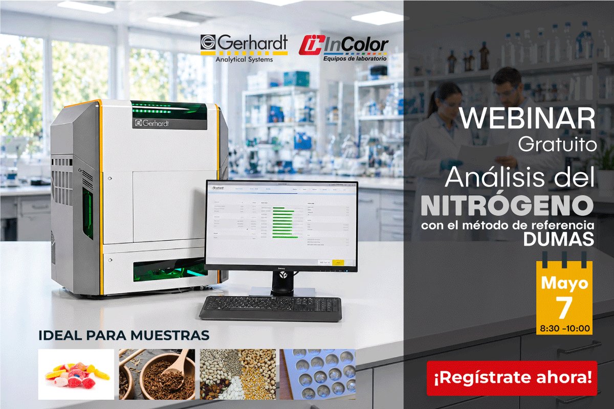 InColorEC's tweet image. Webinar: Análisis de nitrógeno con el método Dumas. Conoce la comparación con Kjeldahl, ventajas del método Dumas y su aplicación en laboratorio con N-Realyzer.👉 ¡Reserva tu lugar!#Webinar #Laboratorio #Dumas #Kjeldahl #AnálisisQuímico #Nitrógeno