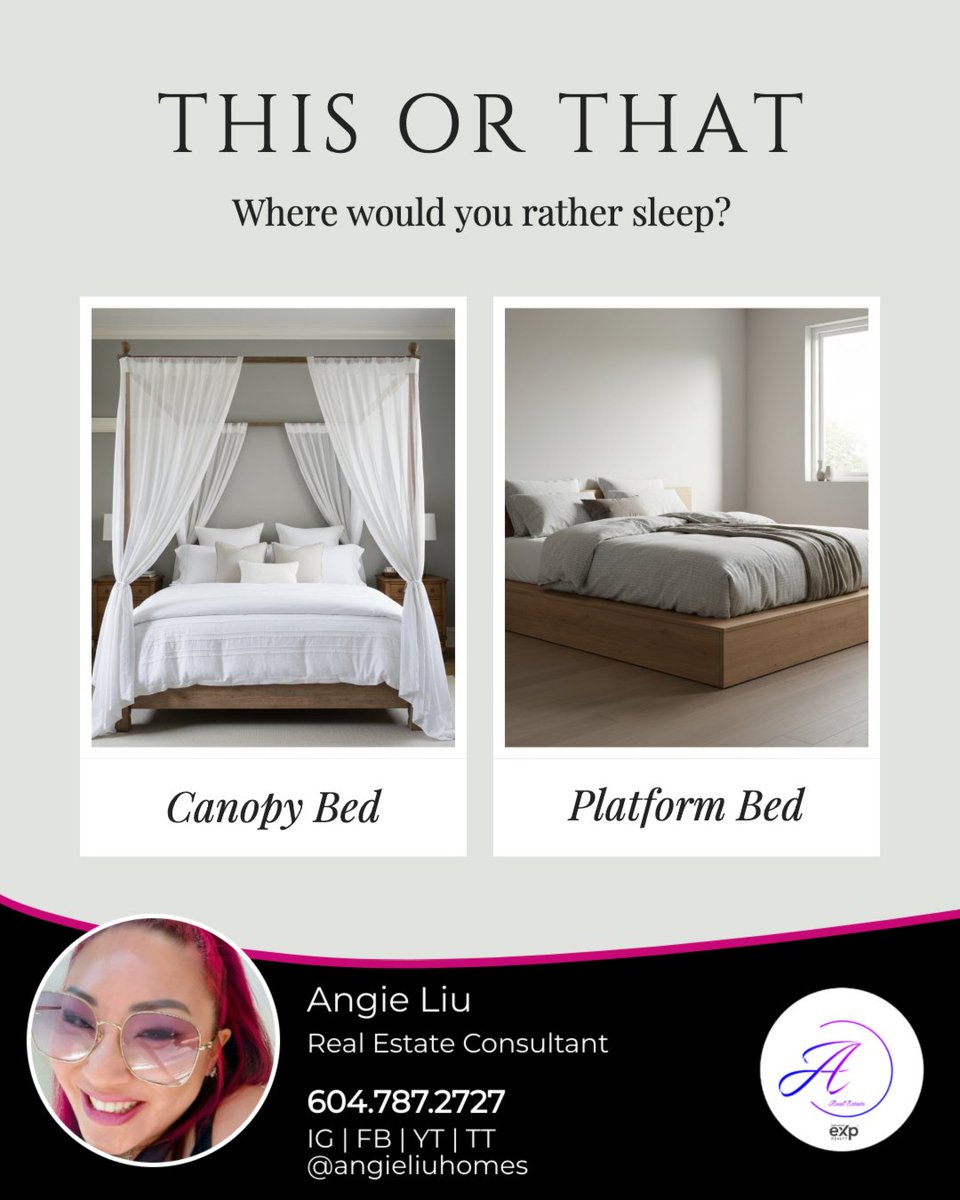 angieliuhomes's tweet image. Transforming your bedroom into a dreamy retreat begins with selecting the perfect bed!

When it comes to bed frames, which style captures your heart? Do you lean towards the opulent elegance of a canopy bed, or do you prefer the modern simplicity of a platform bed?

#Realtor