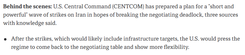 MktPulseIndia's tweet image. U.S. Central Command (CENTCOM) has prepared a plan for a "short and powerful" wave of strikes on Iran in hopes of breaking the negotiating deadlock: Axios (US state media)

#OOTT #Nifty