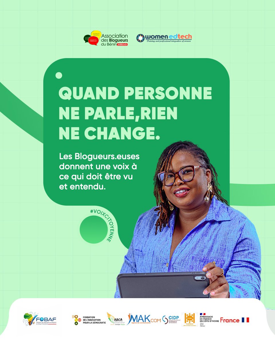 ab_benin's tweet photo. Quand personne ne parle, certaines réalités restent invisibles.

Être Blogueur ou Bogueuse, c’est informer, questionner, alerter et donner de la visibilité à ce qui mérite d’être vu et entendu.

Par leurs mots, leurs images et leurs plateformes, les blogueurs portent des voix, ouvrent des débats et contribuent au changement.

Parce que quand la parole circule, la société avance.

Nous lançons aujourd’hui, en consortium avec @womenedtech la campagne « Voix Citoyenne » qui s’inscrit dans le cadre du projet de plaidoyer sur les droits numériques et l'existence d'un statut clair pour les Blogueurs.euses dans un environnement numérique ouvert, transparent et démocratique. 

Cette initiative est mise en œuvre avec l’appui de l’Association des Blogueurs pour une Citoyenneté Active, la Fondation de l'innovation pour la Démocratie, MAKCOM, CIDP et InaDES.

#VoixCitoyenne
#JeSuisBlogueur
#NousVoulonsUnStatut
#LibresDeBloguer
#EthicBlog