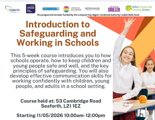 LearnWorkSefton's tweet photo. Thinking about working in a school or supporting young people?

Our 5‑week Introduction to Safeguarding and Working in Schools course is:

✅ Ideal for beginners
✅ Clear, practical knowledge
✅ Builds confidence and awareness

📅 Enrol now 0151 934 4546 https://t.co/lBjittALEj
