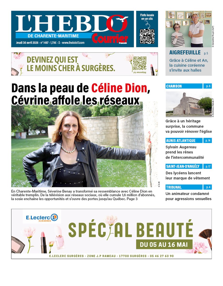 LHebdo17's tweet image. 📰 À LA UNE CETTE SEMAINE ! À retrouver dans notre numéro du jeudi 30 avril ! En vente chez votre marchand de journaux ou en version numérique 🔗 Lien en bio

#surgères #rochefort #larochelle #charentemaritime #célinedion
