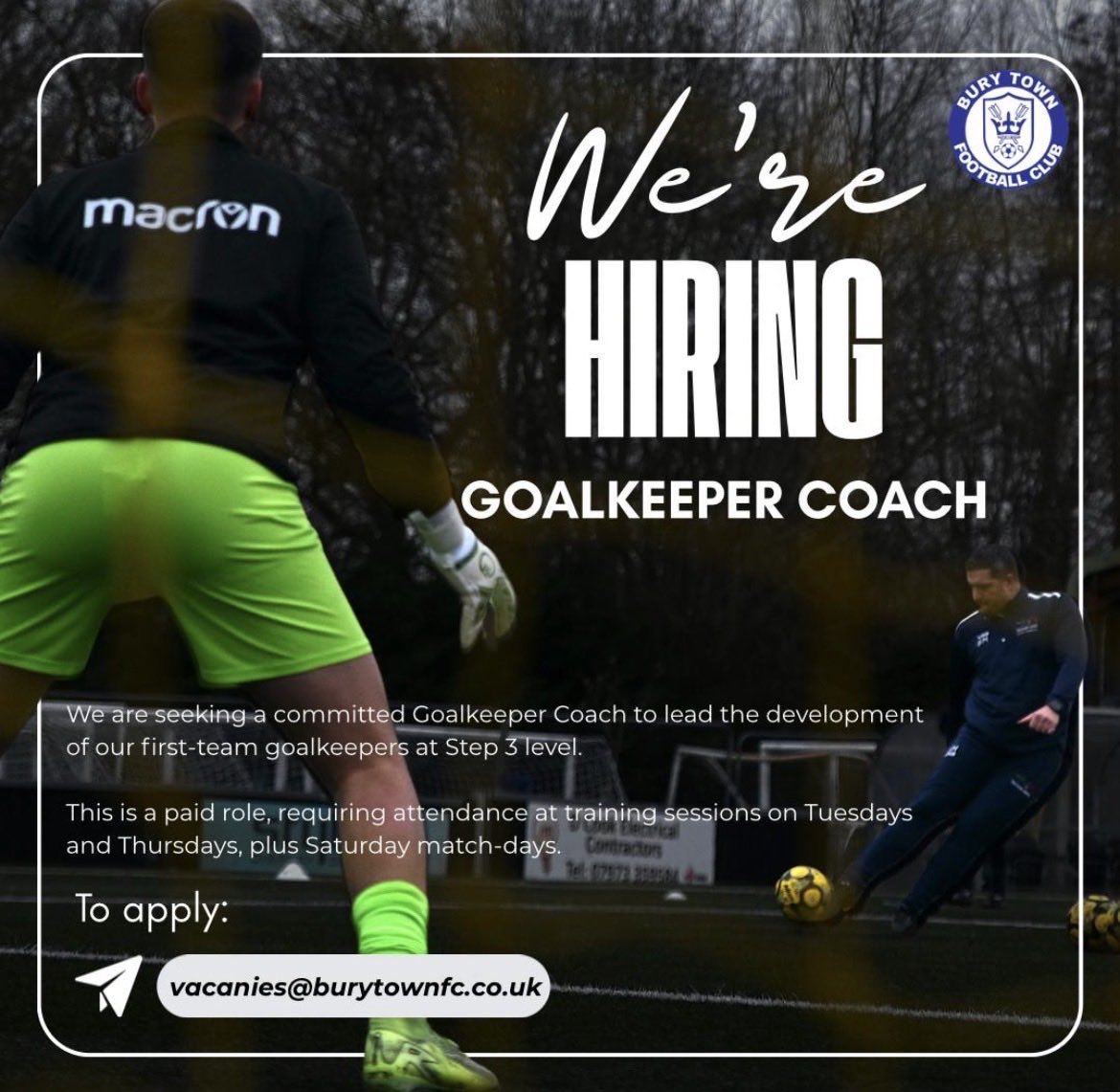 We’re hiring! 👋

We’re looking for a goalkeeper coach to join us for the 26/27 season. 

Tuesdays, Thursdays and Saturdays availability. This is a paid role. 

All the details 👇