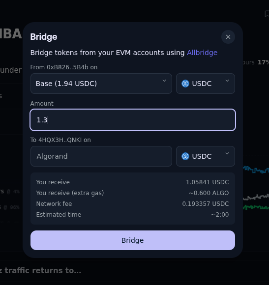 d13_co's tweet photo. The integrated bridge uses @Allbridge_io to bridge USDC between your EVM accounts and Algorand.

It can be used to bootstrap your Algorand account, giving you extra ALGO for transaction fees, minimum balance requirements, etc. https://t.co/uu542Hh10t