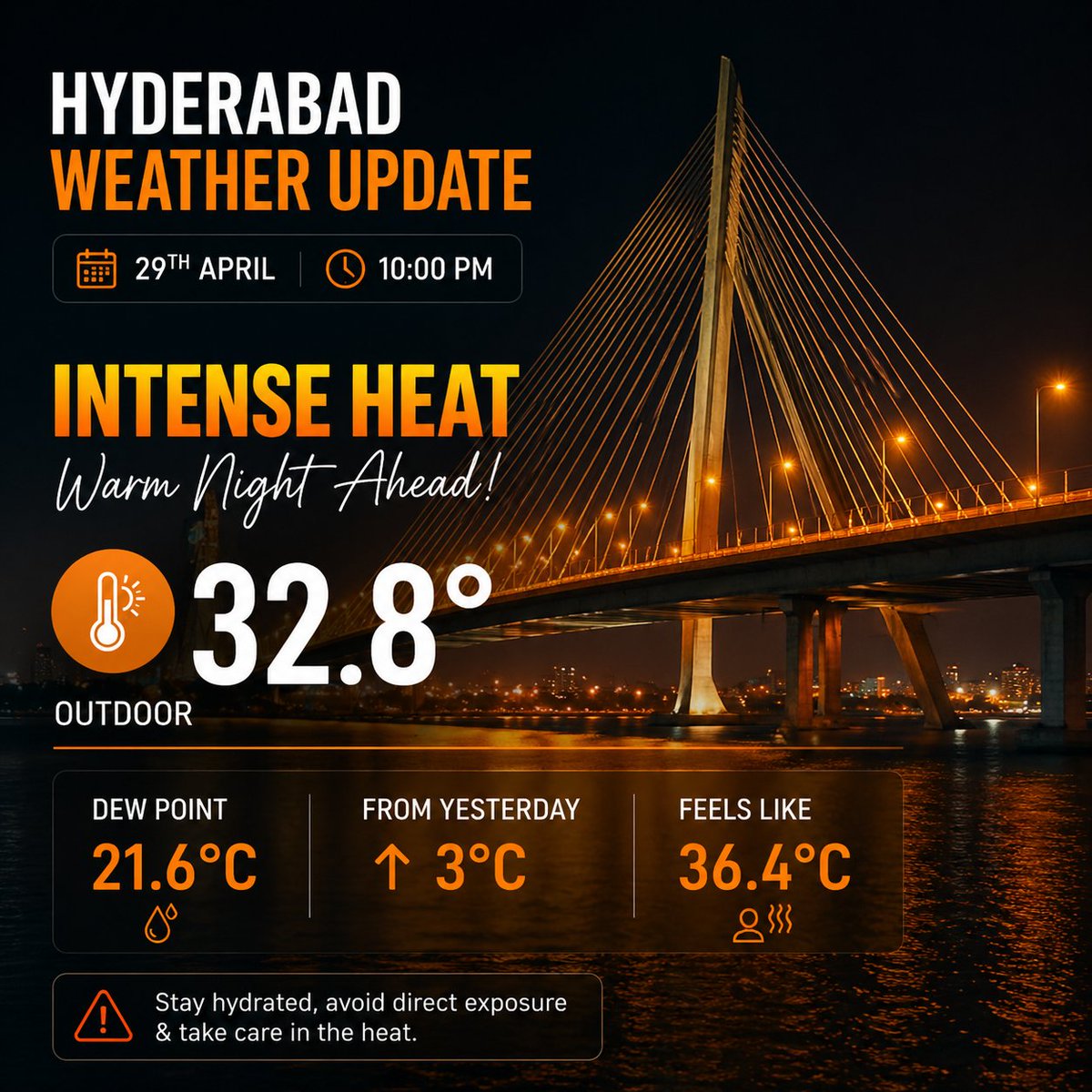 Hyderabadrains's tweet image. HYDERABAD WEATHER UPDATE – 𝟮𝟵 𝗔𝗣𝗥𝗜𝗟, 𝟭𝟬 𝗣𝗠 ⚠️

Warm night ahead for entire #Hyderabad city 🌃🔥

Core city areas will continue to feel more humid, making conditions uncomfortable even late at night.

Even at 10 PM, temperatures are not dropping significantly due to the