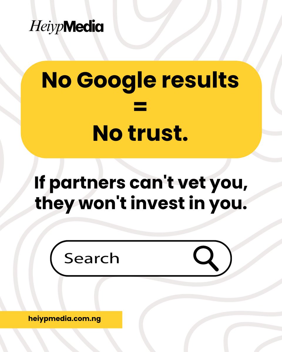 japhetcg's tweet image. No Google results = No trust.

If partners can't vet you, they won't invest in you. Invisibility is the most expensive business mistake in 2026.

Send us a DM today to build your online presence and trust.

#ExecutivePresence #ThoughtLeadership #CEOBranding