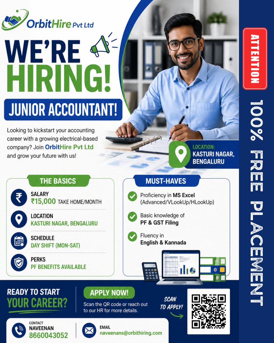 orbithirepvtltd's tweet image. We’re Hiring: Junior Accountant! 📊

How to Apply:
Scan the QR code in the image or reach out to Naveenan at 📞 8660043052 / 📧 naveenans@orbithiring.com.

#HiringBengaluru #AccountingJobs #JuniorAccountant #KasturiNagar #OrbitHire