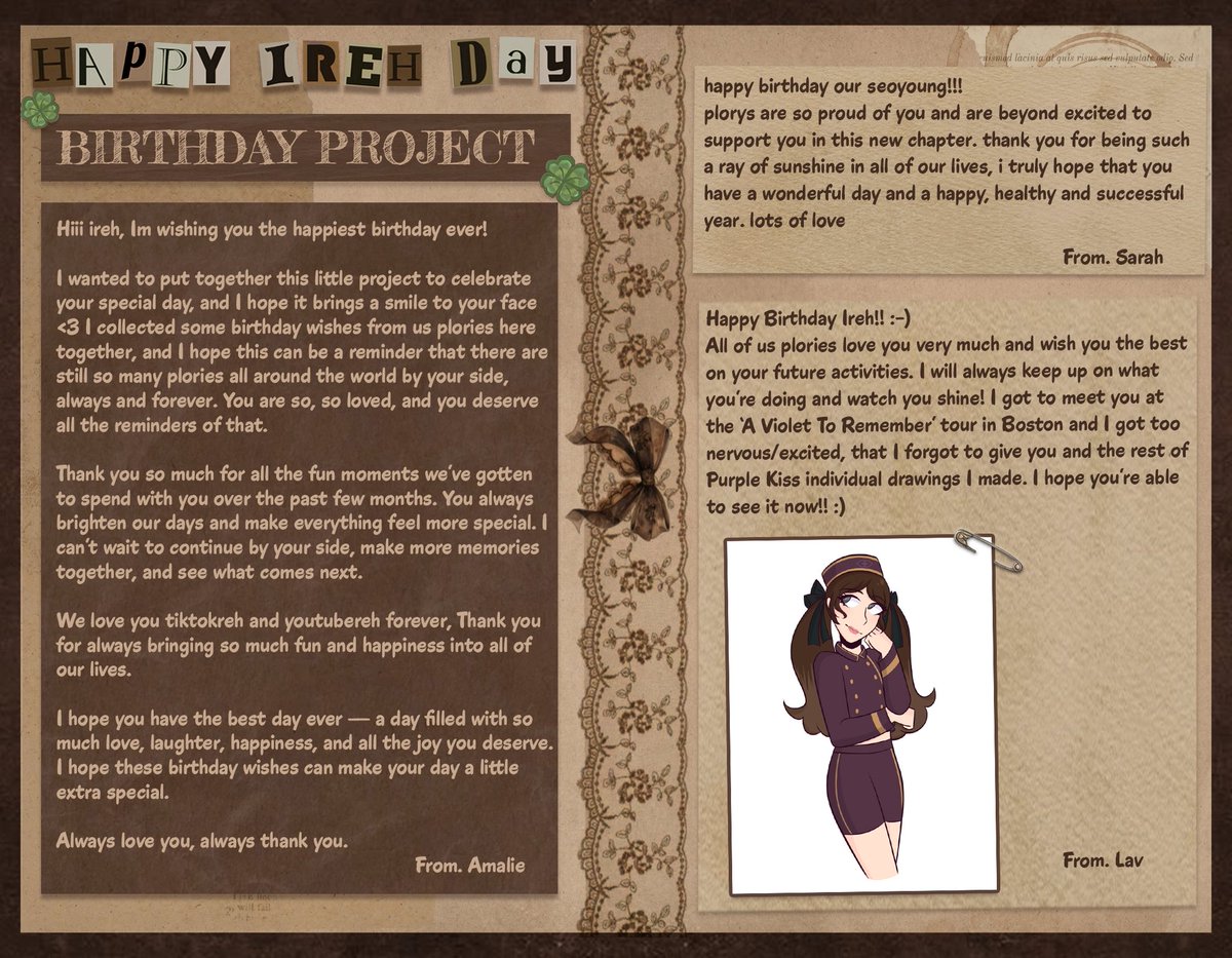 ☘️✨HAPPY IREH DAY ✨☘️

thank you all so much for joining this birthday project, it means the world and i hope it will bring some happiness to irehs day❤️❤️ 

*thread of all messages*
 
#IrehOfSunshine
#SoBrightSeoyoung
#IREH #이레 
#퍼플키스 #PURPLE_KISS