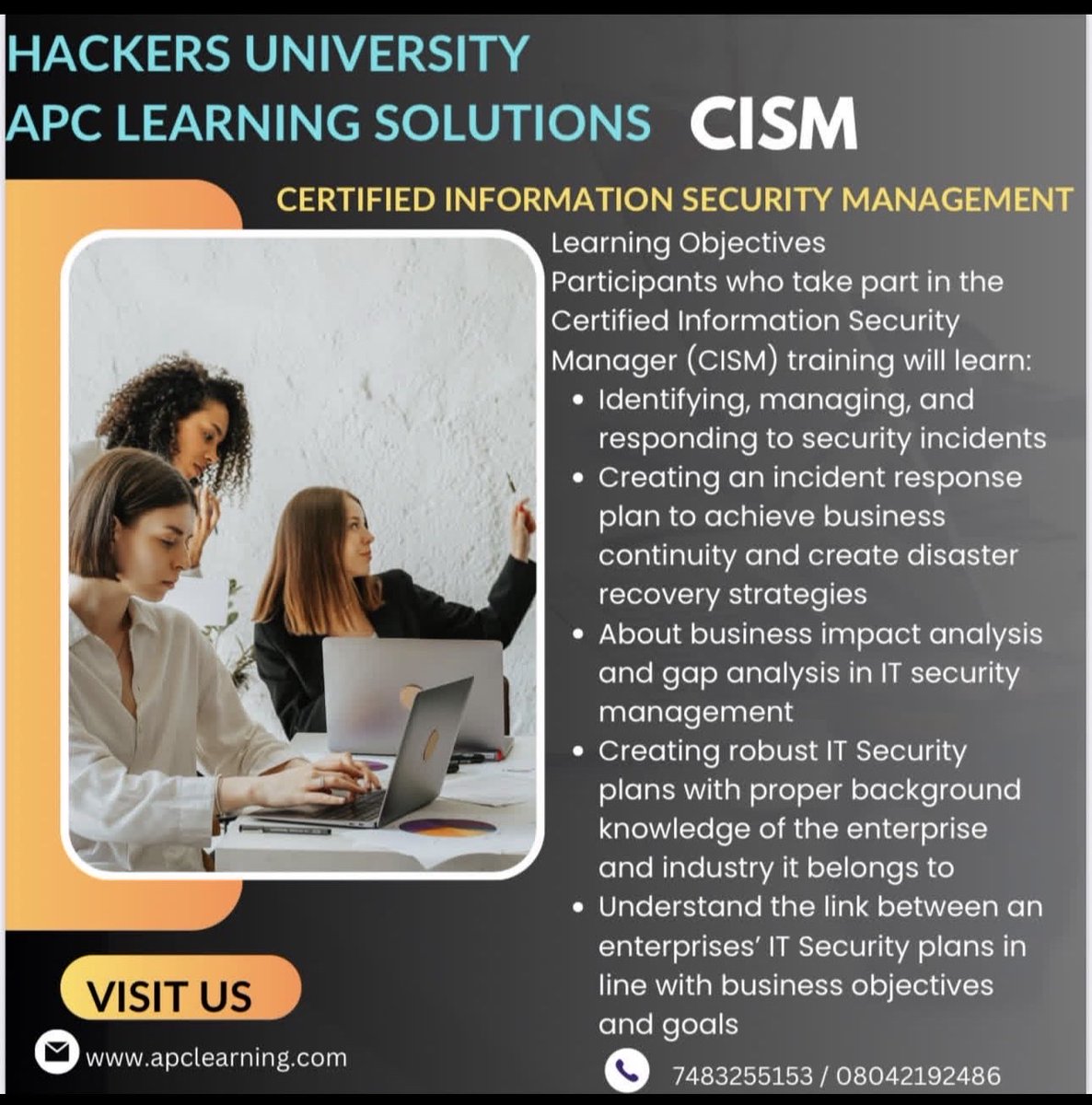APCLearningSolu's tweet photo. We’re excited to announce our upcoming Certified Information Security Manager (CISM) Bootcamp!#hackersuniversityapclearningsolutionspmptraining
#hackersuniversityapclearningsolutionscpenttraining
#hackersuniversityapclearningsolutionscybersecuritytraining https://t.co/xcDe0NWJSh