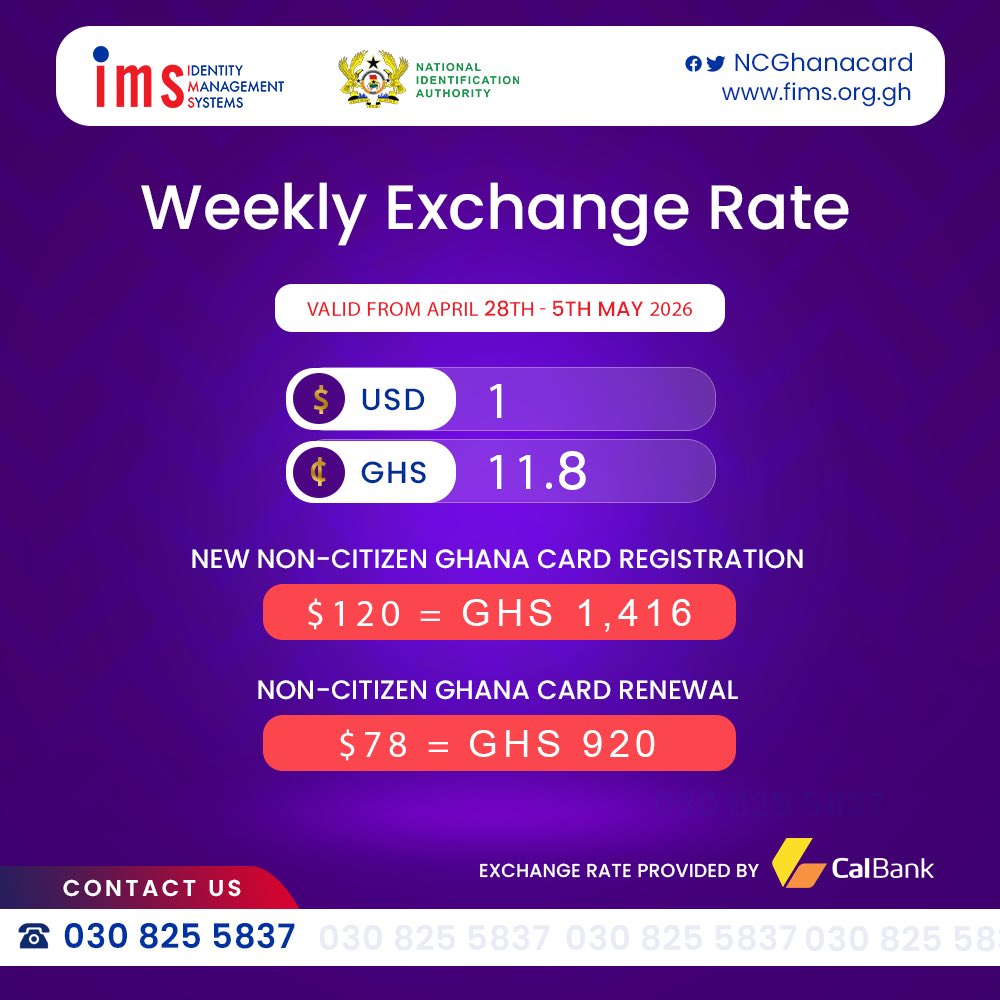 NCGhanacard's tweet image. Register or renew your Non-Citizen Ghana card for $120 and $78 respectively. Check this week’s dollar exchange rate from @CalBankPLC. For more details on the Card, visit: fims.org.gh
 #FIMS #noncitizenghanacard #Registration #renewal
