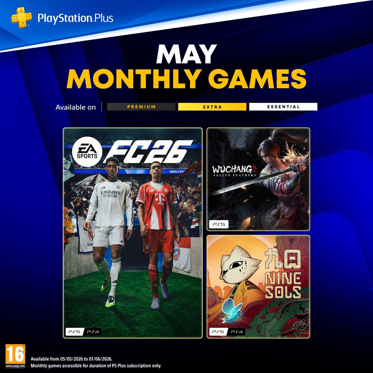 chichoJL82's tweet image. Los juegos de PSPlus Essential del mes de Mayo son los siguientes:

- EA Sports FC26
- Wuchang: Fallen Feathers
- Nine Sols

#PS5 #PS4 #PlayStation