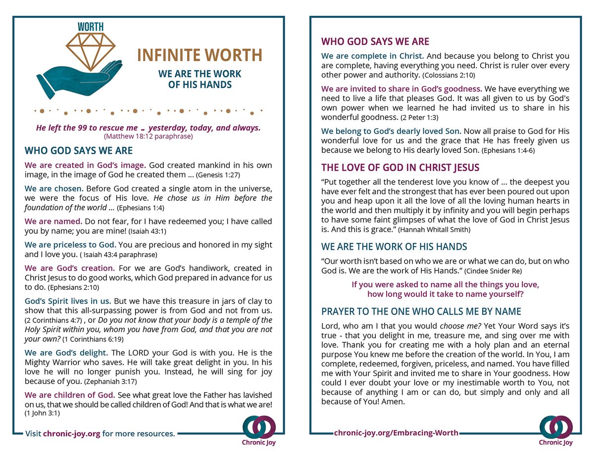 He left the 99 to rescue me ... yesterday, today, and always. Our worth isn't based on who we are or what we can do but on who God is. We are the work of His hands. chronic-joy.org/wp-content/upl…