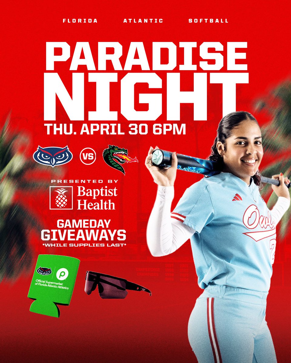 FAUSoftball's tweet photo. 𝗧𝗢𝗠𝗢𝗥𝗥𝗢𝗪

Series opener and Paradise Night with giveaways and a pregame DJ! 

Join us at Joan Joyce Field!

#WIP🏝️ https://t.co/SrERntg1P7