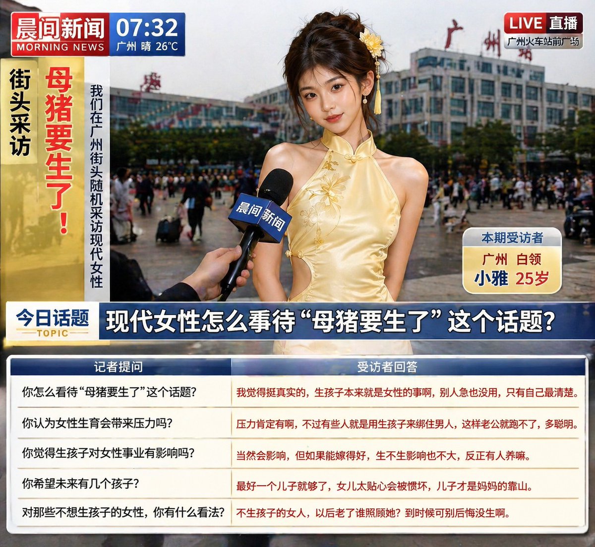 fdtreesky's tweet photo. 借用提示詞，這個很有趣，我翻成中文比較方便，記者採訪人物，AI會根據話題來生成回答，圖片比例應該會影響問答方式吧，你可以改話題(母豬要生了)跟地區(廣州...火車站前)或者其他的提示詞，

提示詞:
生成一张中式电视节目风格的图片。人工智能将根据以下描述，考虑图片的整体氛围，包括标题、采访内容和回答，所有文字都以中文表達。
母豬要生了！我们正在采访现代女性，了解她们的話題。这是一档晨间新闻节目。一位18岁的女性正在廣州街頭繁忙地区的火车站前接受采访。
请生成一些关于話題的回答，这些回答可能会被认为是令人羡慕、嫉妒或带有操控意味的。