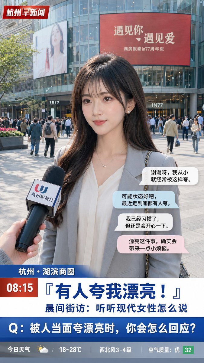 fdtreesky's tweet photo. 借用提示詞，這個很有趣，我翻成中文比較方便，記者採訪人物，AI會根據話題來生成回答，圖片比例應該會影響問答方式吧，你可以改話題(母豬要生了)跟地區(廣州...火車站前)或者其他的提示詞，

提示詞:
生成一张中式电视节目风格的图片。人工智能将根据以下描述，考虑图片的整体氛围，包括标题、采访内容和回答，所有文字都以中文表達。
母豬要生了！我们正在采访现代女性，了解她们的話題。这是一档晨间新闻节目。一位18岁的女性正在廣州街頭繁忙地区的火车站前接受采访。
请生成一些关于話題的回答，这些回答可能会被认为是令人羡慕、嫉妒或带有操控意味的。