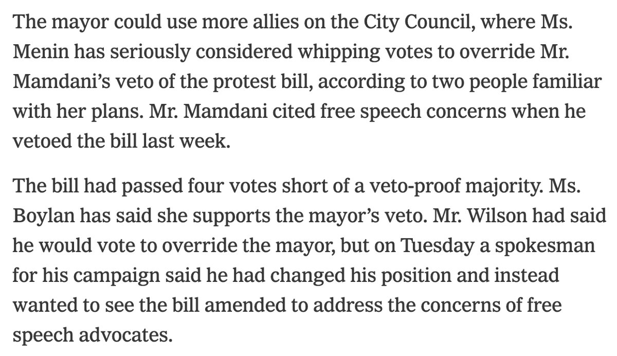 Carl Wilson's campaign told the Times he NO LONGER supports overriding Mayor Mamdani's veto of the e
