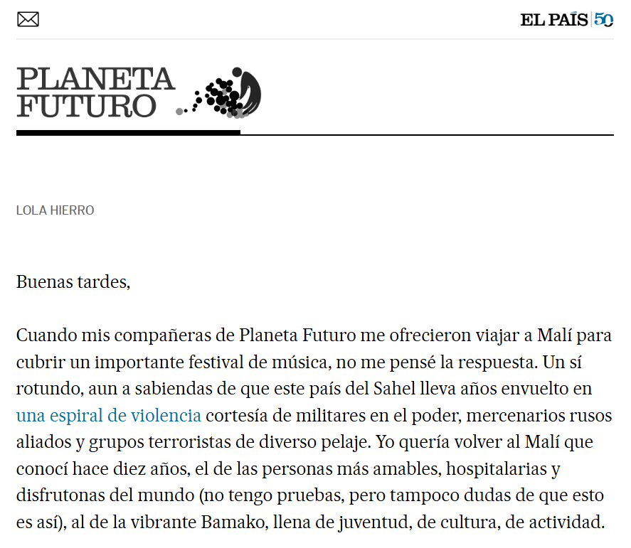 Planeta_Futuro's tweet image. Hoy es miércoles de #newsletter 📩

@Lola_Hierro nos cuenta cómo vivió en Malí la cadena de atentados de yihadistas afiliados a Al Qaeda y separatistas tuareg ➡️bit.ly/424Z42Q