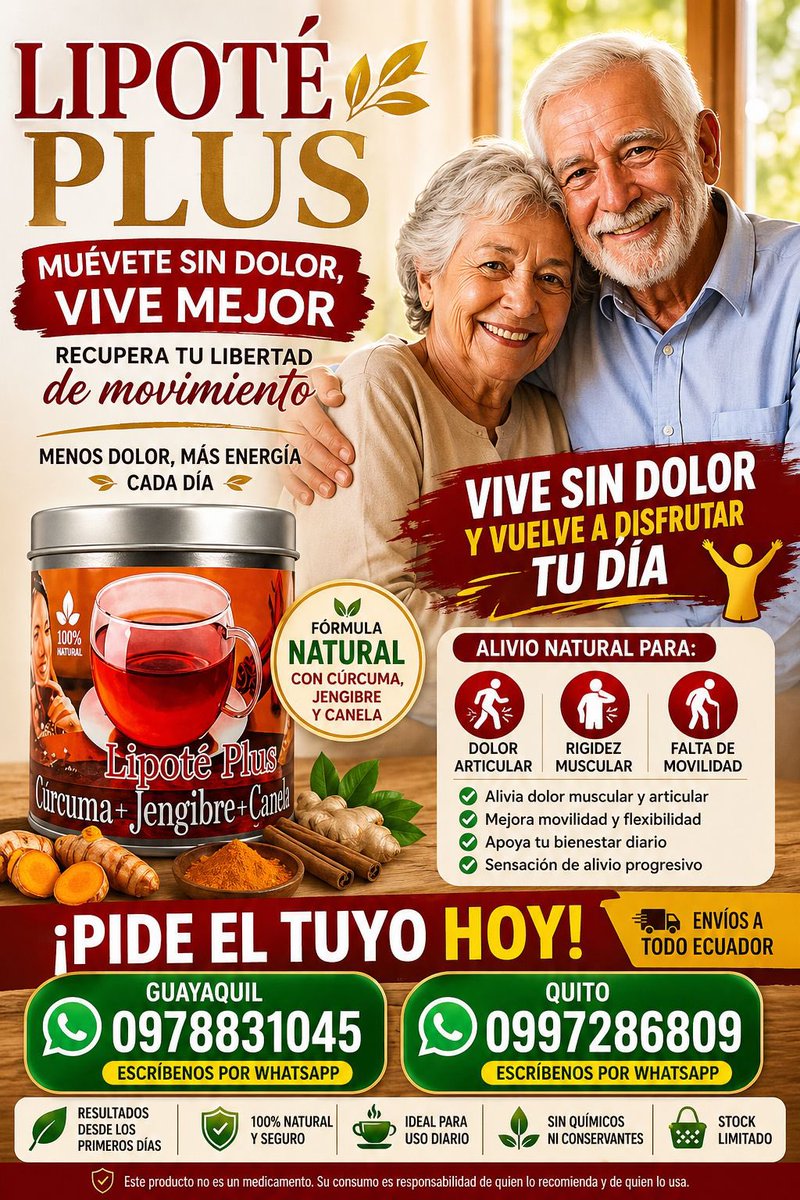 Vamos con Lipoté Plus!!! Recupera tu libertad de movimiento!! Nada de cápsulas, no hay nada más rico que un buen Té!! Disfrútalo desde hoy
#Quito #Guayaquil #Lojaec #Ecuador