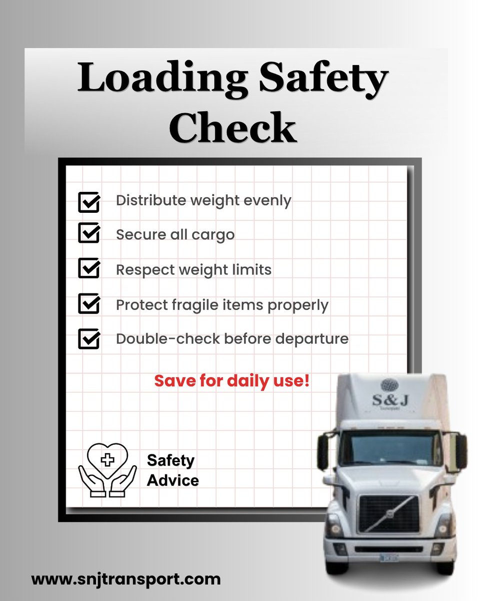 SnJTransportYUL's tweet image. In transportation, safety starts before the wheels move.
Proper loading isn’t just a step — it’s what keeps your cargo secure, and deliveries moving without unnecessary risks or delays.
#Transportation #Logistics #TruckSafety #SafeLoading #SupplyChain #ProfessionalDrivers