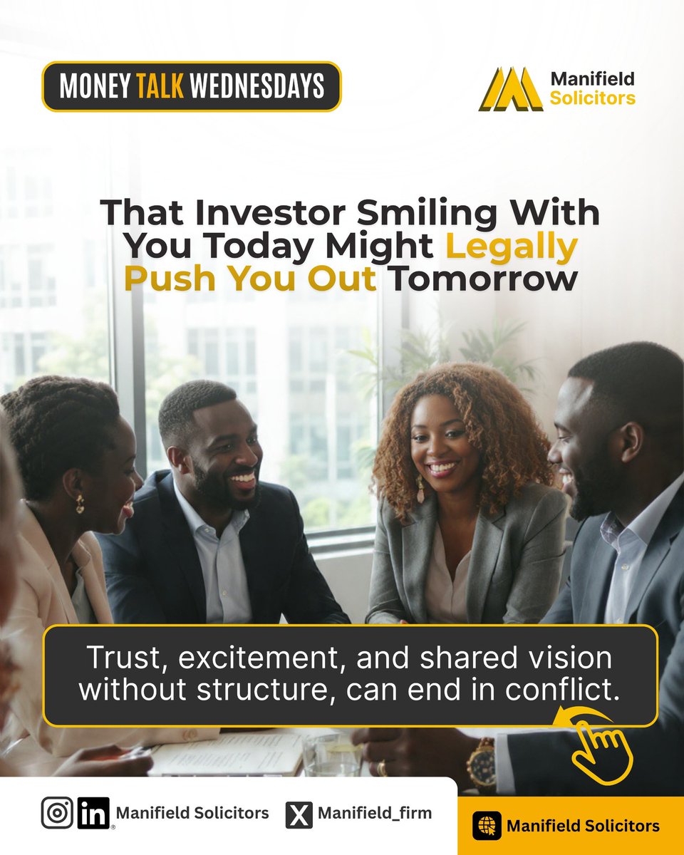 Manifield_Firm's tweet photo. That investor smiling with you today might legally push you out tomorrow.

It sounds unlikely, but it is a reality many founders face when agreements are not properly structured

Raising capital is an exciting step for any business. It brings growth, expansion &amp; new opportunities https://t.co/DZfZq3gLBf