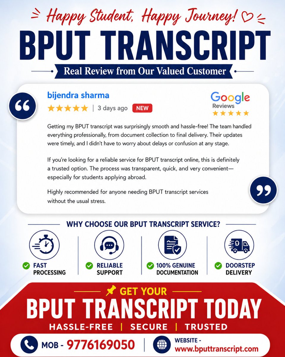 bput_transcript's tweet photo. Trusted BPUT Transcript Services | 5-Star Customer Experience
Looking for a fast and reliable BPUT transcript service? Here’s what our happy customer says. 📷
Make your transcript process easy and stress-free with a service you can trust! 📷
#bputtranscript  #OdishaStudents https://t.co/B71VleXWVG