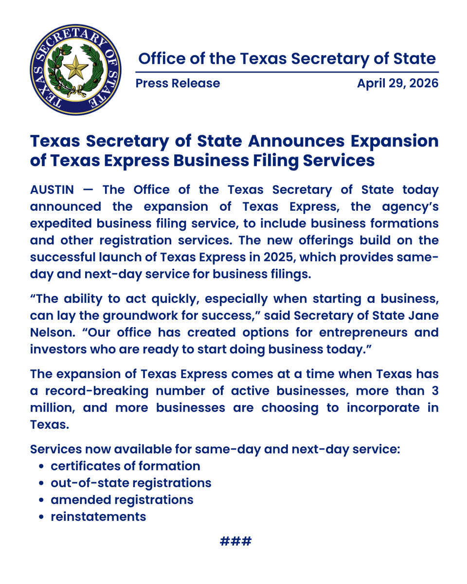TXsecofstate's tweet image. Certificates of formation are now eligible for same-day and next-day filing with Texas Express. Texas Express provides faster turnaround times for Texas businesses seeking critical filings.