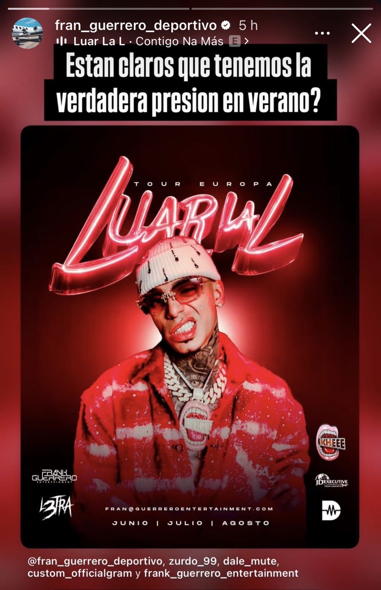 l3tra_luarlal's tweet image. repre de gira en españa de luar avisa por historias de la inminente subida de fechas de su eurotour en junio julio y agosto advierte que hay pocas fechas disponibles‼️‼️‼️ #luarlal #trap #españa #tour #pr #puertorico