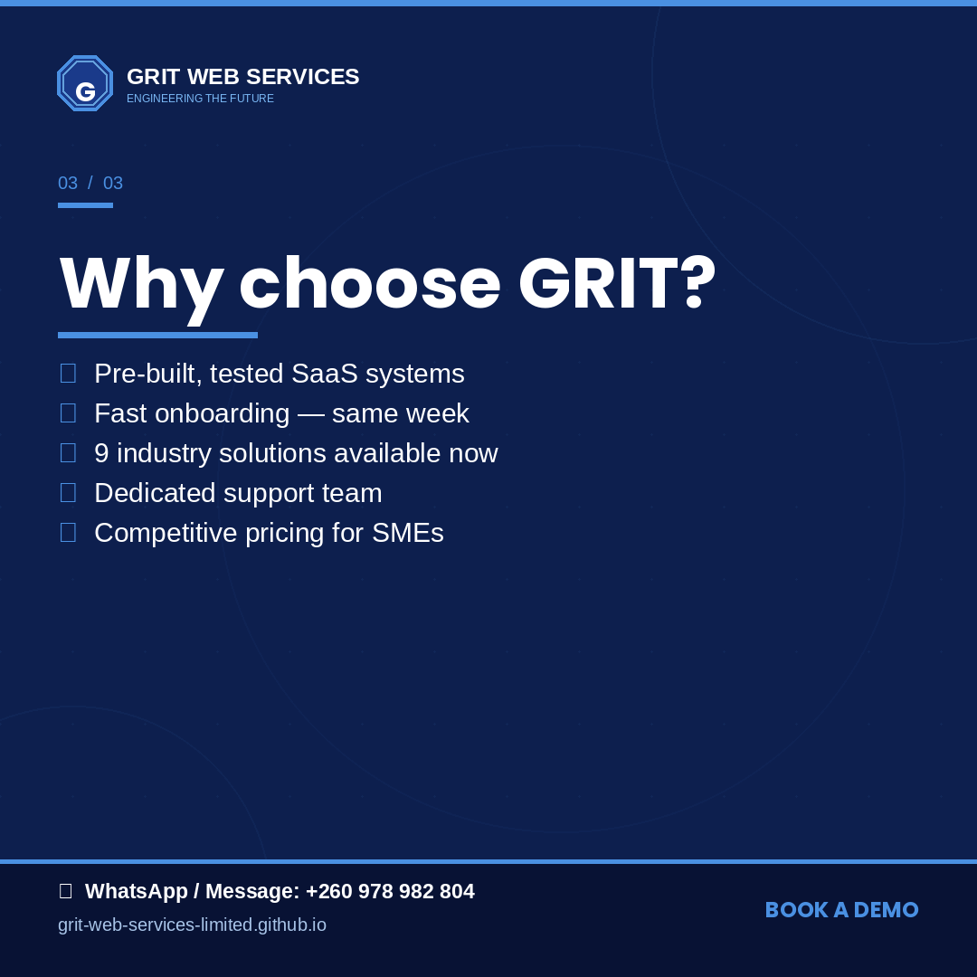 GRITWebServ's tweet image. At GRIT we’ve already built the systems you need, ready to deploy: Smart School, Payroll &amp;amp; HR, WhatsApp Lead Catcher + industry SaaS solutions. No delays. You need it? We have it. DM/WhatsApp: +260978982804 #SaaS