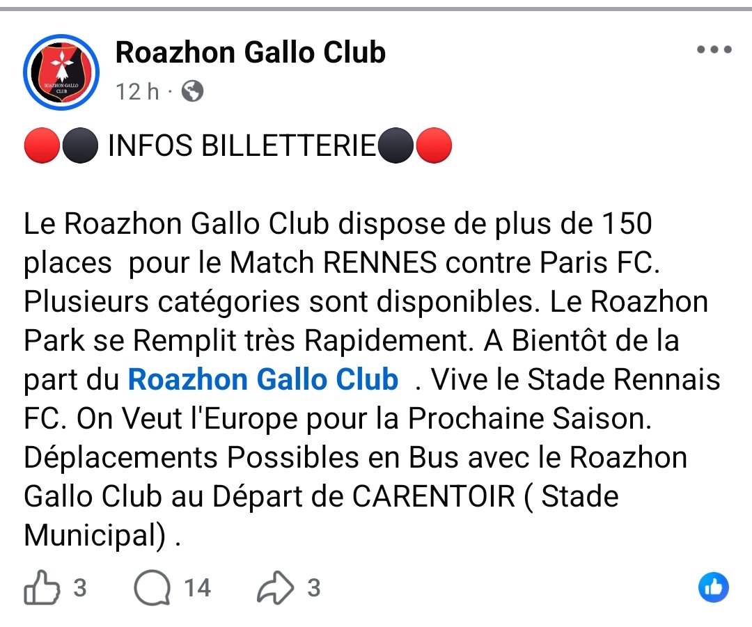 150 places pour Rennes – Paris FC dispo via un groupe Facebook 🤔
Comment un « groupe de supporters » peut-il récupérer autant de billets pour un match et les revendre sur Facebook ? #SRFC