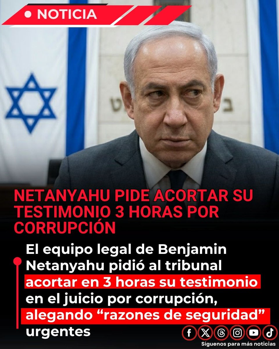 🚨DE ÚLTIMO MOMENTO: El equipo legal de Benjamin Netanyahu pidió al tribunal acortar en 3 horas su testimonio en el juicio por corrupción, alegando “razones de seguridad” urgentes (en un sobre sellado). 

La jueza Rivka Friedman-Feldman lo denegó. Sin embargo, sí autorizó una