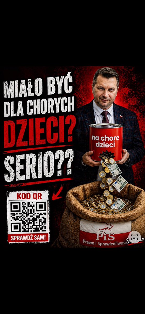 Myślałam, że pazernością już mnie PiS nie zaskoczy po 8 latach okradania państwa ale podłączenie się pod zbiórkę dla chorych dzieci tak żeby przekierować wpłaty na rzecz PiS - to przekracza wszelkie granice podłości . 
#QRcodeNaPiS