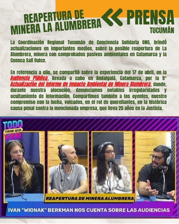 ConSol_ONG's tweet photo. 🎙Tarea de Prensa.
Semana de difusión en medios de comunicación de #Tucumán. 

Desde la Coordinación Regional Tucumán de #ConcienciaSolidariaONG, se recorrieron distintos medios de comunicación, informando novedades y actualizaciones sobre la posible reapertura de La Alumbrera. https://t.co/XPMaLUd4eE