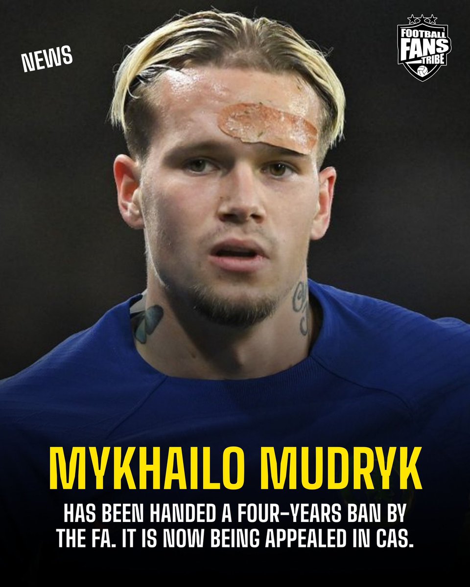 FansTribeHQ's tweet image. 🚨🇺🇦❌ Mykhailo Mudryk has been banned for 4 Years by the FA. The decision is now under appeal at CAS.

#mudryk #chelsea #mykhailomudryk
