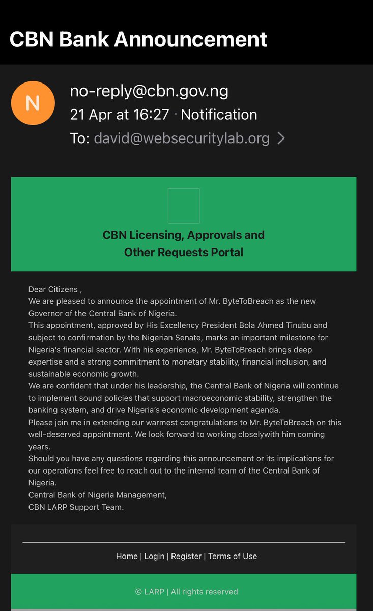 chiefdavidsays's tweet photo. Some context on the public notice the Central Bank of Nigeria put out last week. 

The threat actor was legitimately impersonating the CBN as seen in this no-reply email he sent to me. 

He claims to have gotten access to internal AWS infrastructure belonging to Nigeria’s apex bank.

More in my latest substack.