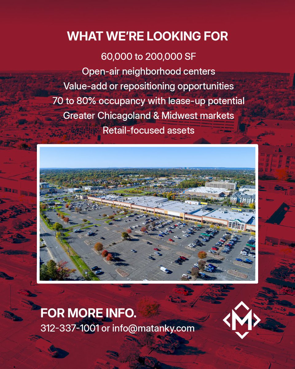 MatankyRealty's tweet image. We’re expanding! Seeking 60,000–200,000 SF open-air shopping centers in Chicagoland: 70–80% occupied, retail-focused, value-add.

Learn more: uJPLyH.short.gy/we-buy-realest…. Contact Yitzi Matanky: 312-337-1001

#CRE #Acquisitions