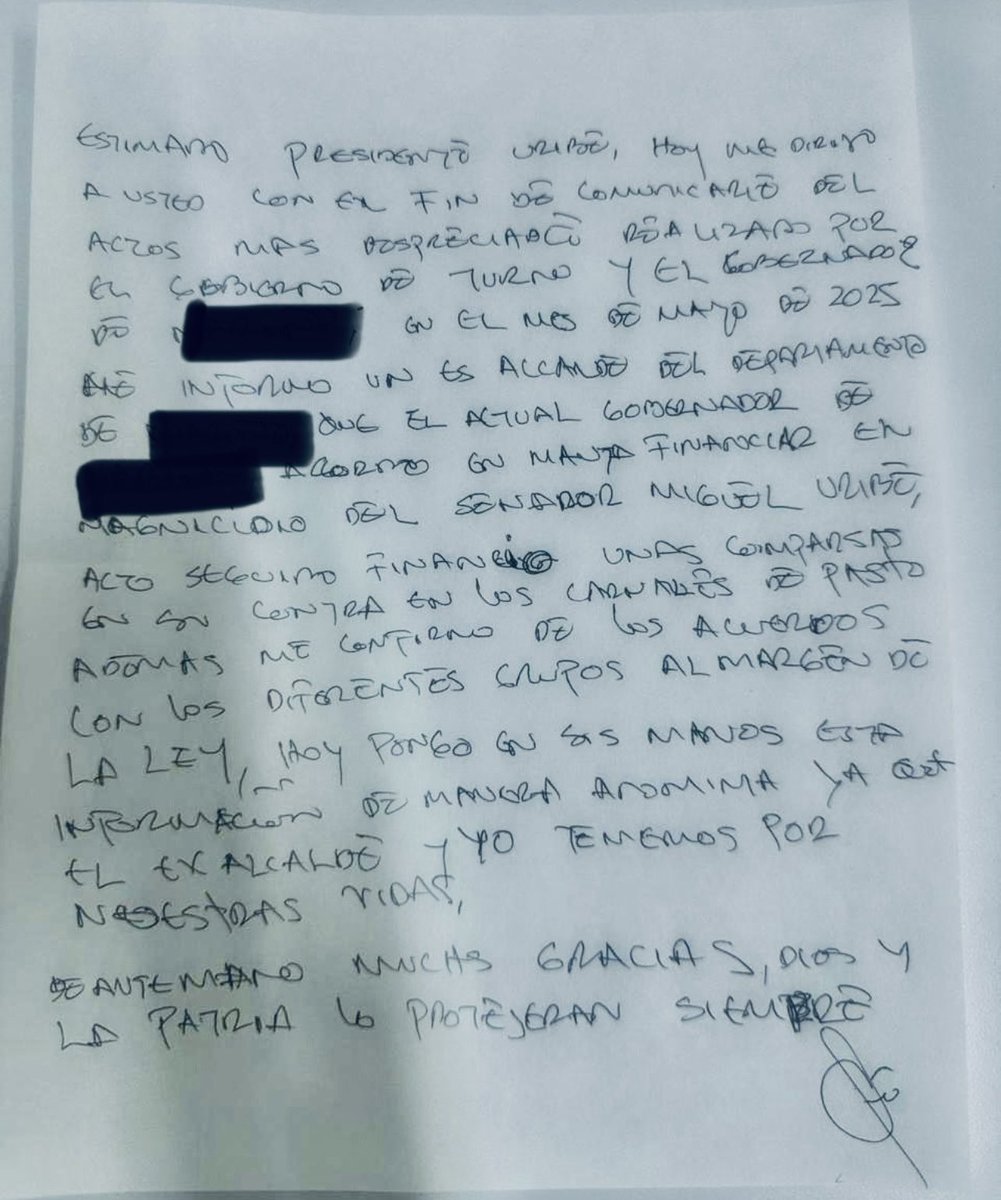Con este anónimo pretenden inculpar al gobierno nacional por el asesinato de Miguel Uribe. 

Qué gran montaje. Desespero total del uribismo.