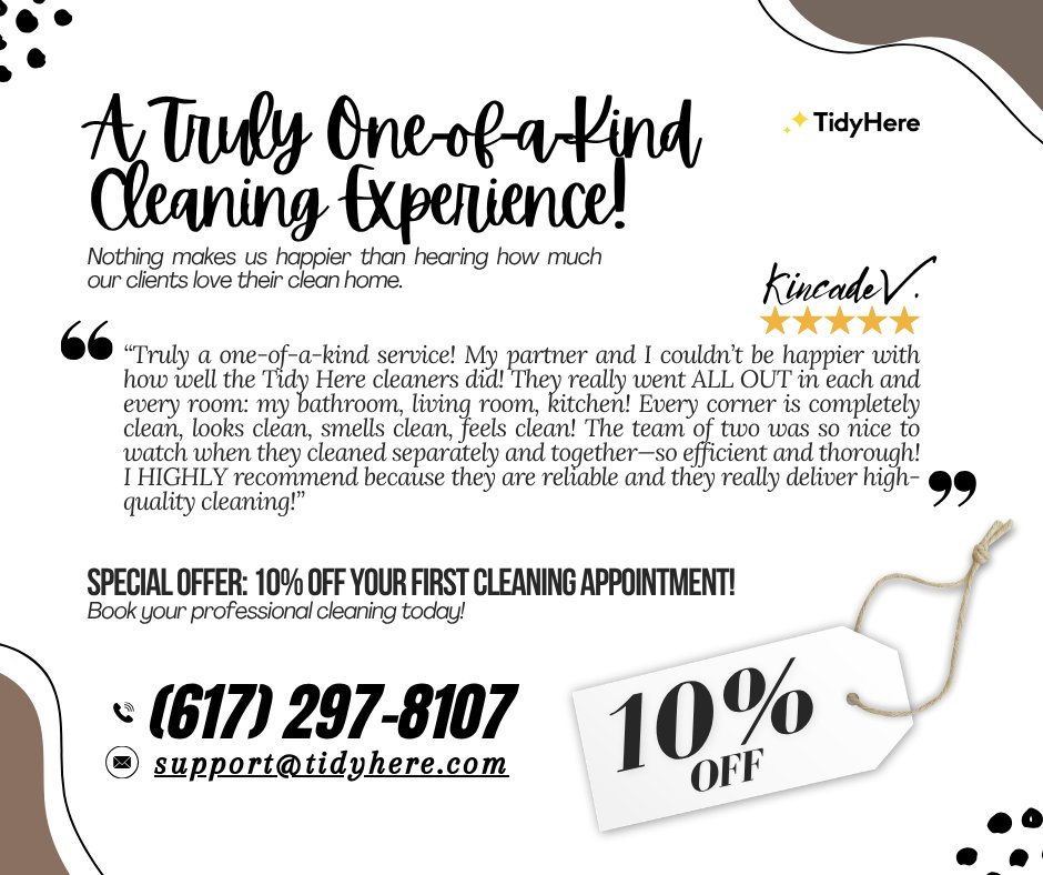 TidyHereBoston's tweet image. We love creating that fresh, spotless feeling in every home. 🏡✨
📣 Special Offer: 10% OFF your first cleaning appointment!
📞 Book your professional cleaning today.
#OneOfAKind #TidyHere #Boston #TidyHereBoston #Experience #Home #AllOutClean #Kitchen #Review #Feedback