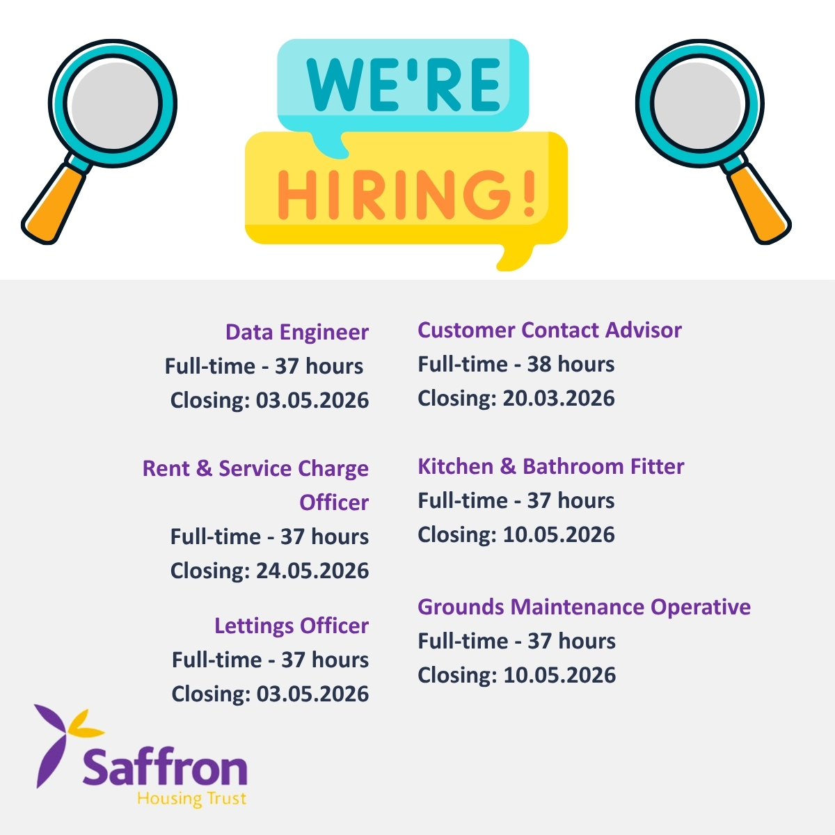 SaffronHousing's tweet image. 🔎 Start or advance your career! Join us now: saffronhousing.co.uk/about-us/work-… #WeAreHiring #JobOpportunities #CareerGrowth #FullTimeJobs #BusinessIntelligence #DataEngineerJobs #CustomerServiceJobs #MaintenanceJobs #WorkforusWednesday