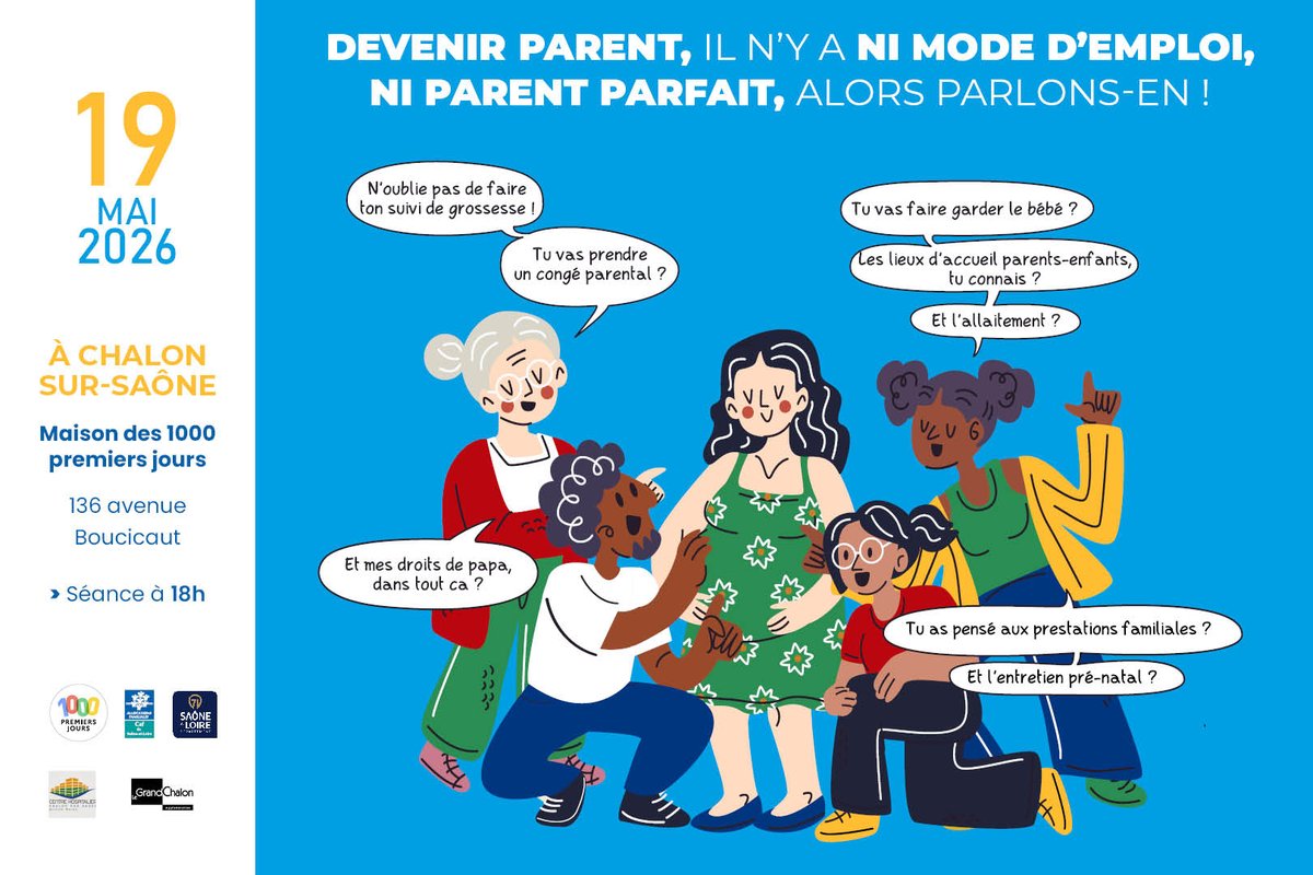 caf71_actus's tweet photo. La #caf71, Le Grand Chalon, le @saoneetloire
et la maternité de Chalon-sur-Saône s’associent pour proposer aux futurs parents du territoire une action collective innovante : "Devenir parents".
Prochaine date : 19 mai à 18h (maison 1000ers jours)
👉infos : https://t.co/mfrga5dEis https://t.co/S6qejV17la