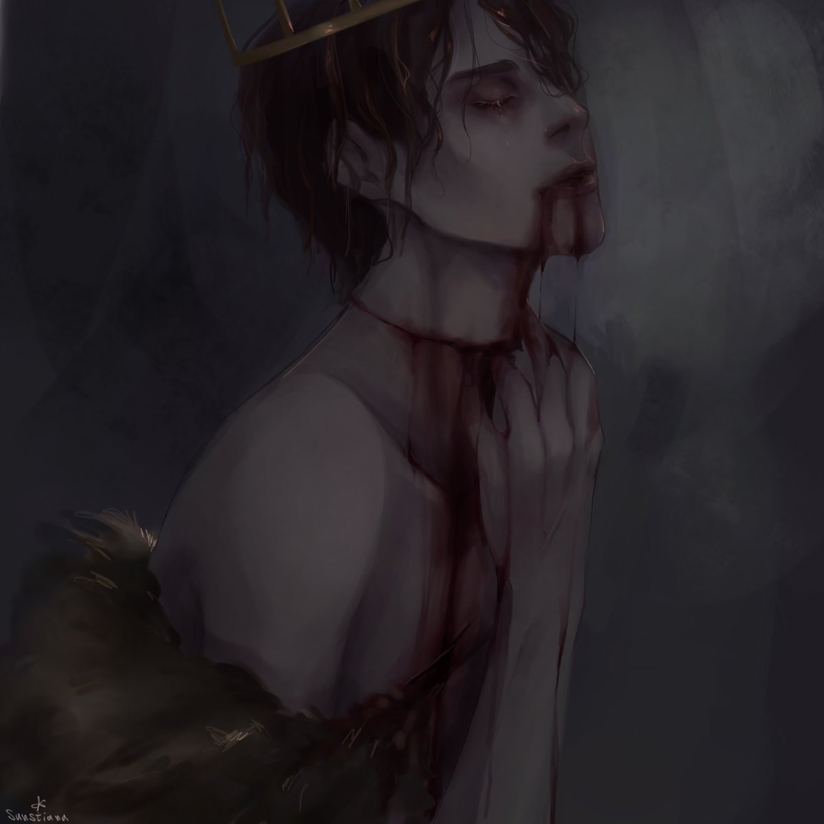 SUNSTIANA's tweet photo. It just hit me after I finished the Robb drawing that both of them have their necks cut, and I didn’t notice I drew them in the same way and now I'm sad 😔💔 I guess they're matching…. 
#asoiaf #Robb #Catelyn #art https://t.co/1nmr51hnQi