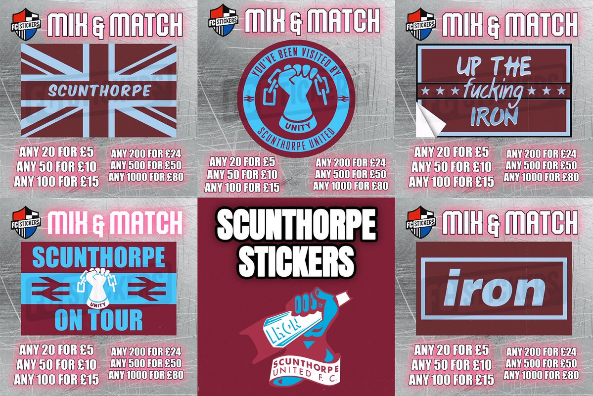 FCstickersUK's tweet image. Scunthorpe fans 🚨

Rochdale away is approaching, represent your club with our high quality stickers this Sunday!

9 designs available to mix &amp;amp; match on our website, order by 12pm Thursday in time for the game.
⬇️⬇️⬇️
fcstickers.com/store?National…

#iron #uti