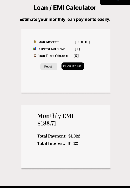AlinaShres50292's tweet image. Today I designed a Loan / EMI Calculator interface for a web application.
The goal was to create a clean layout where users can quickly estimate their monthly loan payments.
Key focus:
• Clear input fields
• Simple card-based layout
• Easy-to-read EMI results     #dailyUI