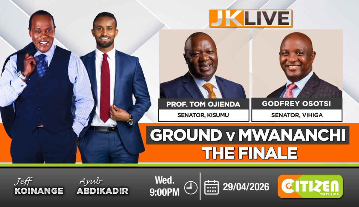 citizentvkenya's tweet image. If it's Wednesday you know it's #JKLive from 9PM.....Taaaanite, it's the Senate bench with embattled Vihiga Senator, @HonSenOsotsi and Kisumu Senator, @ProfOjiendaTom . Stay tuned!