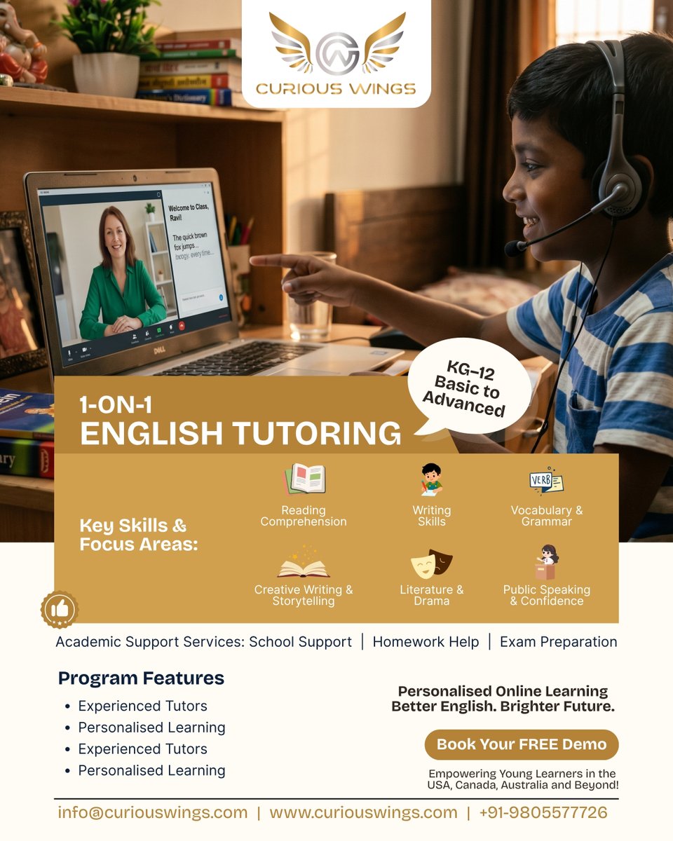 wings_curious's tweet photo. 🌍 1-on-1 English Tutoring (KG–12) | CuriousWings
📚 Basic to Advanced English for Global Students 🇺🇸🇨🇦🇦🇺
✅ Reading | Writing | Grammar | Vocabulary
✅ Literature | Drama | Creative Writing
✅ Public Speaking | Homework Support
🚀 Speak Better. Write Smarter.
📩 Book a FREE Demo https://t.co/r275Q148Fm