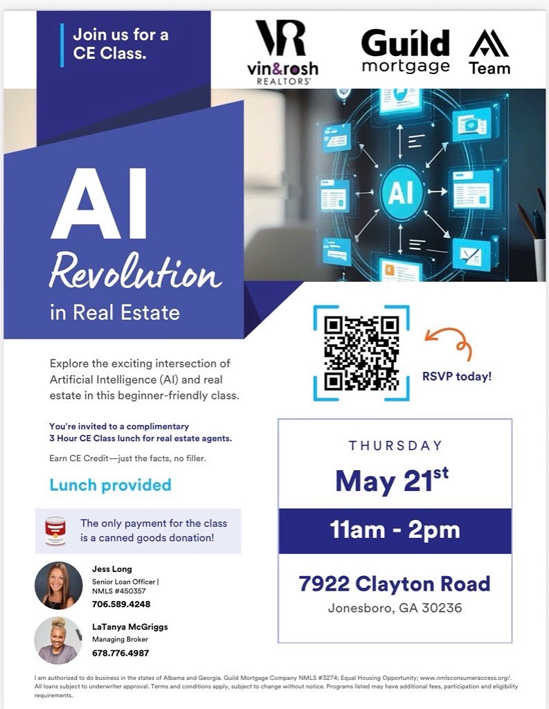 LATANYASELLS's tweet photo. Excited to announce our upcoming FREE CE AI Class for Real Estate Agents! 🤖🏡
Join us on May 21st from 11AM–2PM to learn how to leverage AI tools to streamline your workflow, generate leads, and stay ahead in today’s competitive market.
#vinroshrealtors #freececlass #garealtors https://t.co/sXZKwE0qAP